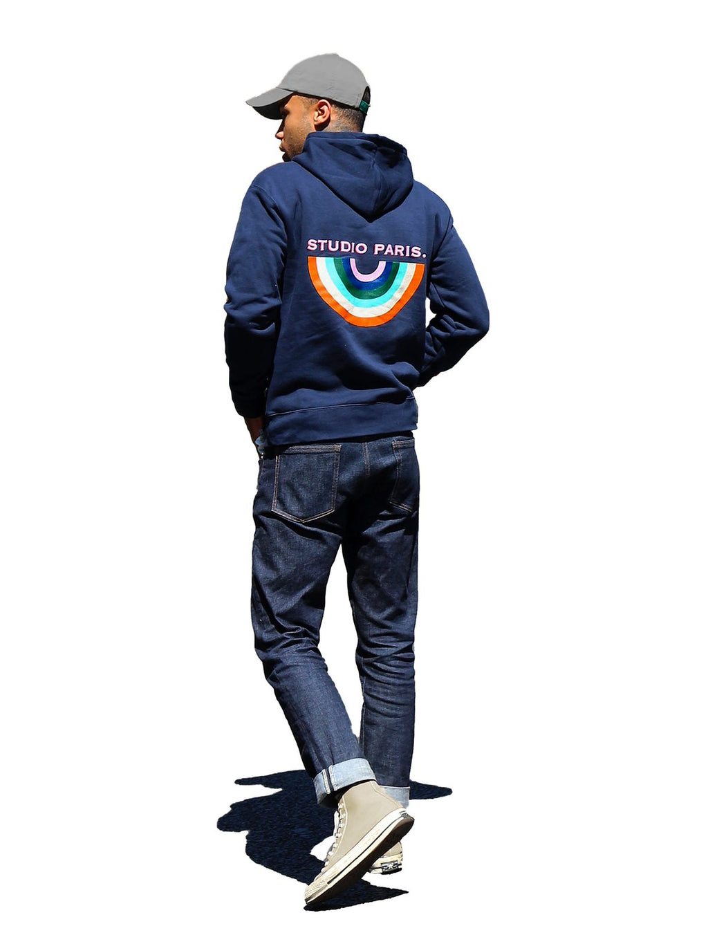 studio paris. rainbow hoodie, navy.