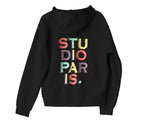 studio paris. embroidered rainbow text hoodie.