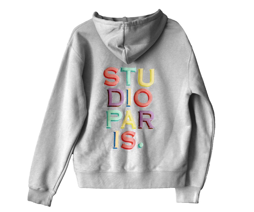 studio paris. embroidered rainbow text hoodie.