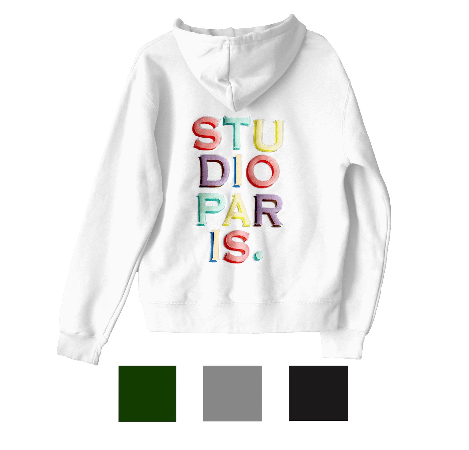 studio paris. embroidered rainbow text hoodie.