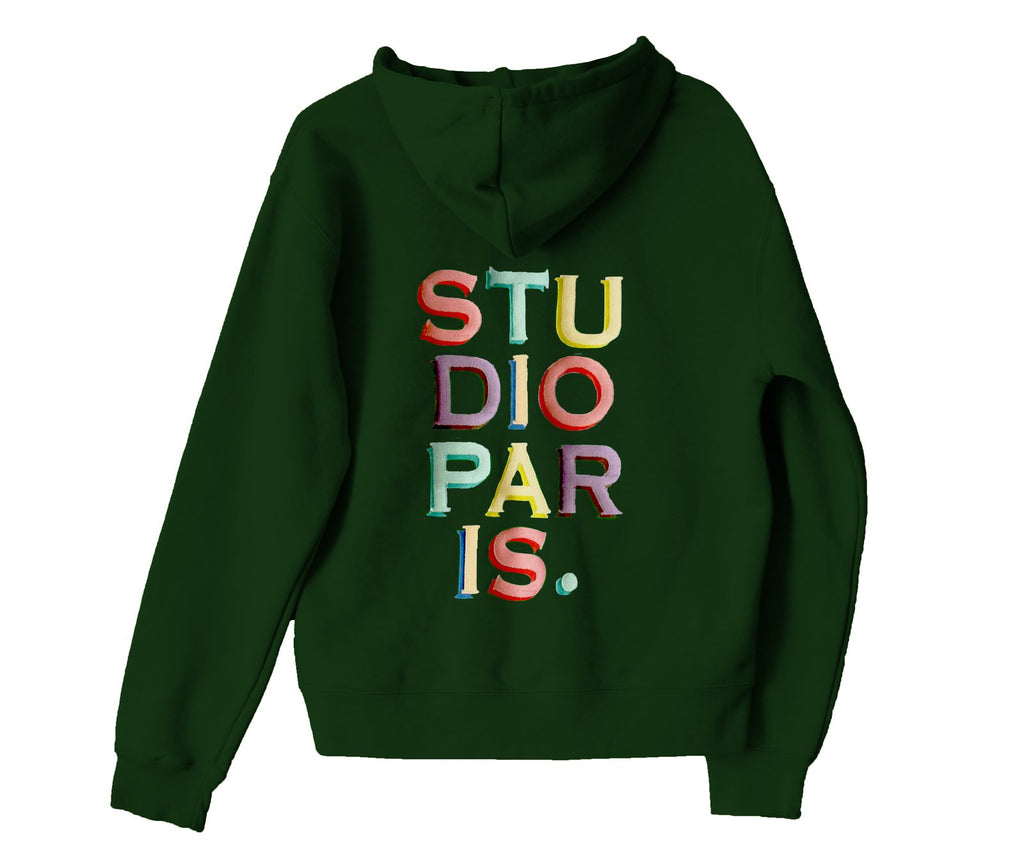 studio paris. embroidered rainbow text hoodie.