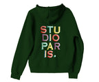 studio paris. embroidered rainbow text hoodie.