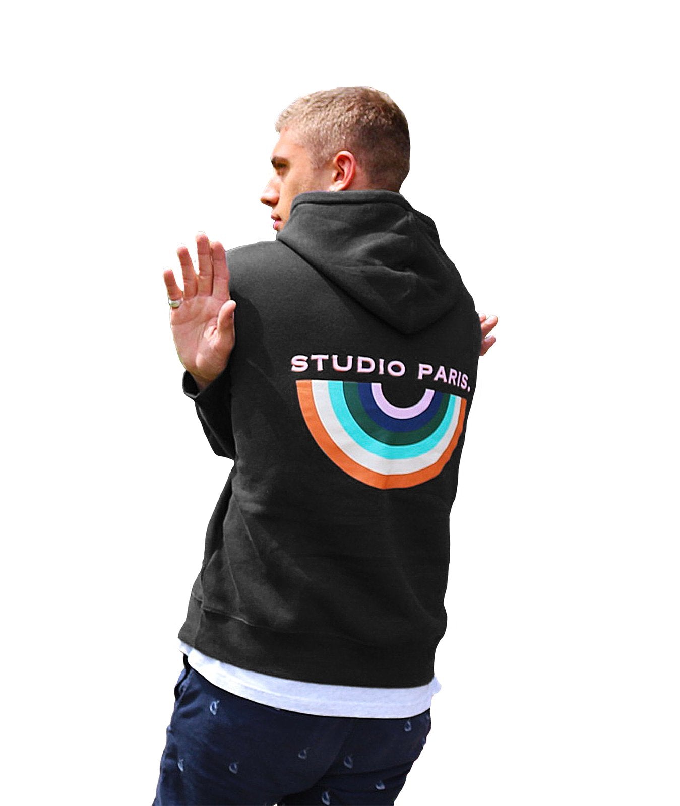 studio paris. rainbow hoodie, black.