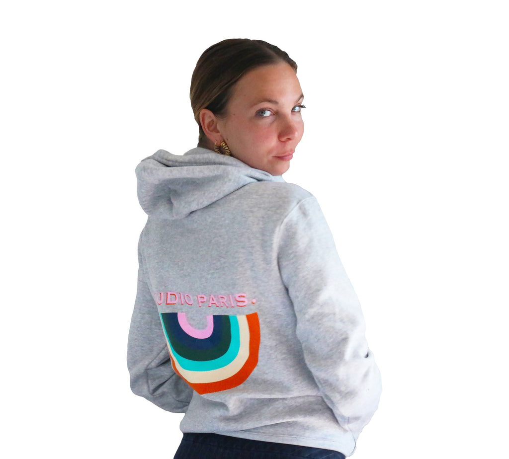 studio paris. rainbow hoodie, grey.